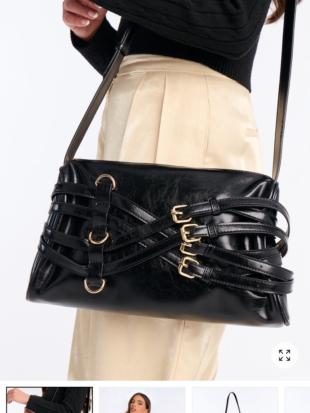 Fashion Nova Black Strappy Buckle Shoulder Bag with Gold Hardware